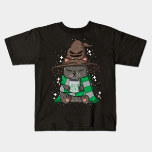 Wizard Neko Drinks Coffee Kids T-Shirt